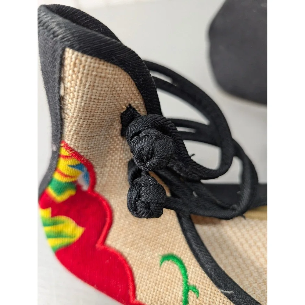Traditional Chinese Floral Embroidered Double Ankle Wrap Ballet Shoes Size 39
